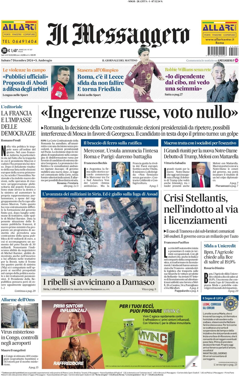 anteprima della prima pagina di il-messaggero del 07/12/2024