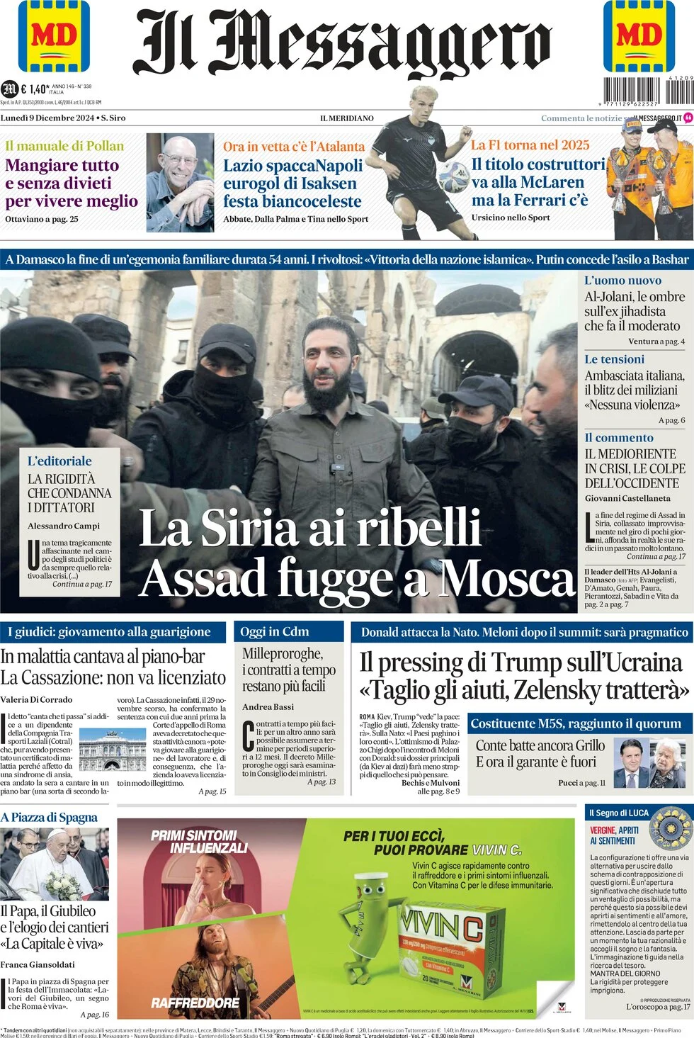 anteprima della prima pagina di il-messaggero del 09/12/2024