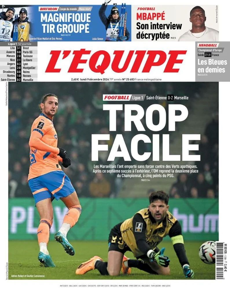 anteprima della prima pagina di lequipe del 09/12/2024