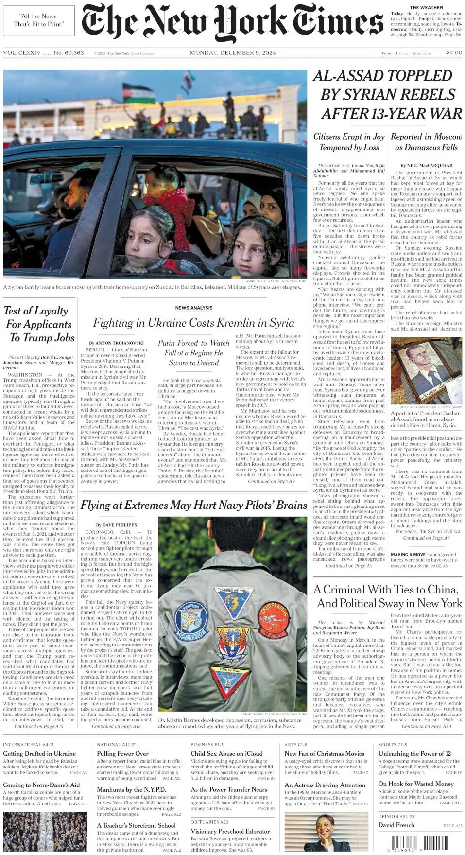 anteprima della prima pagina di the-new-york-times del 09/12/2024