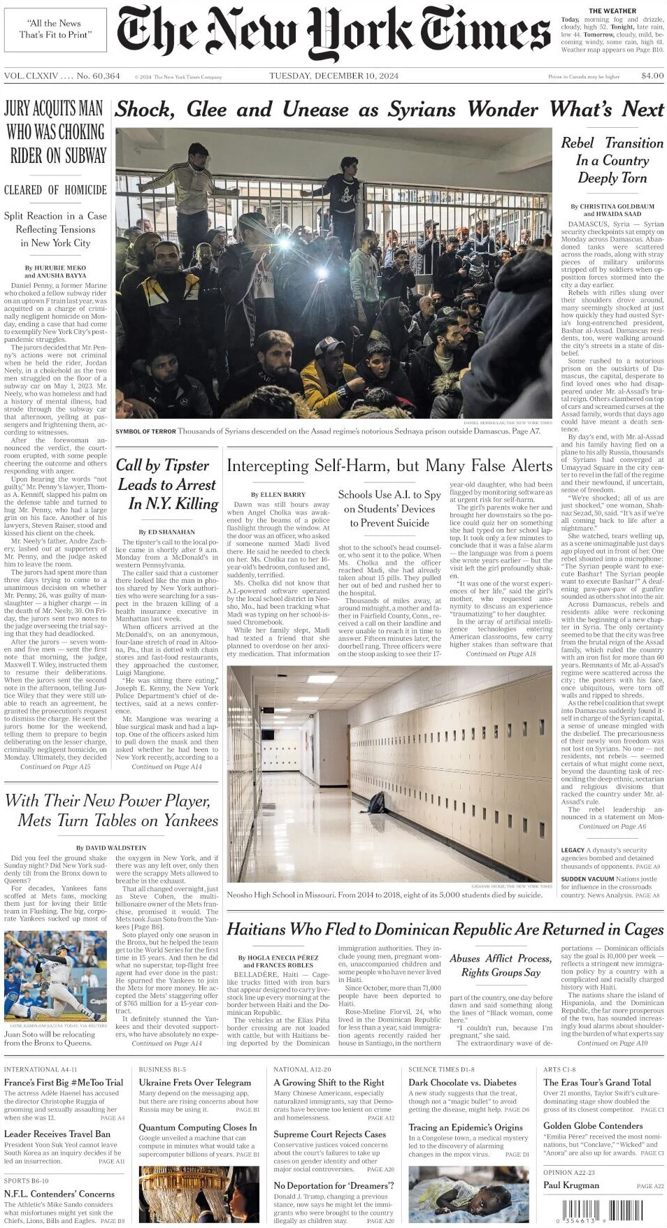 anteprima della prima pagina di the-new-york-times del 10/12/2024