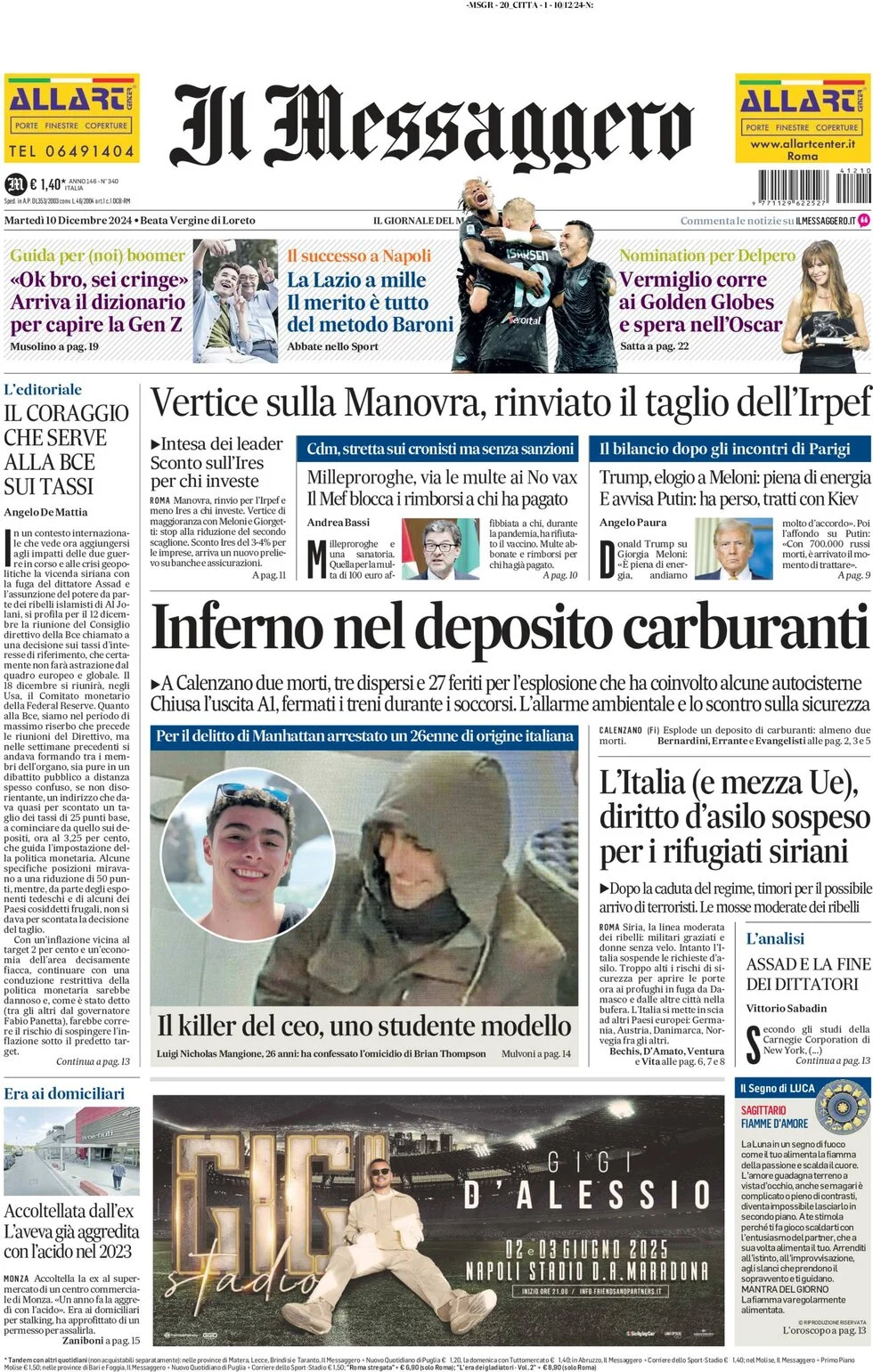 anteprima della prima pagina di il-messaggero del 10/12/2024