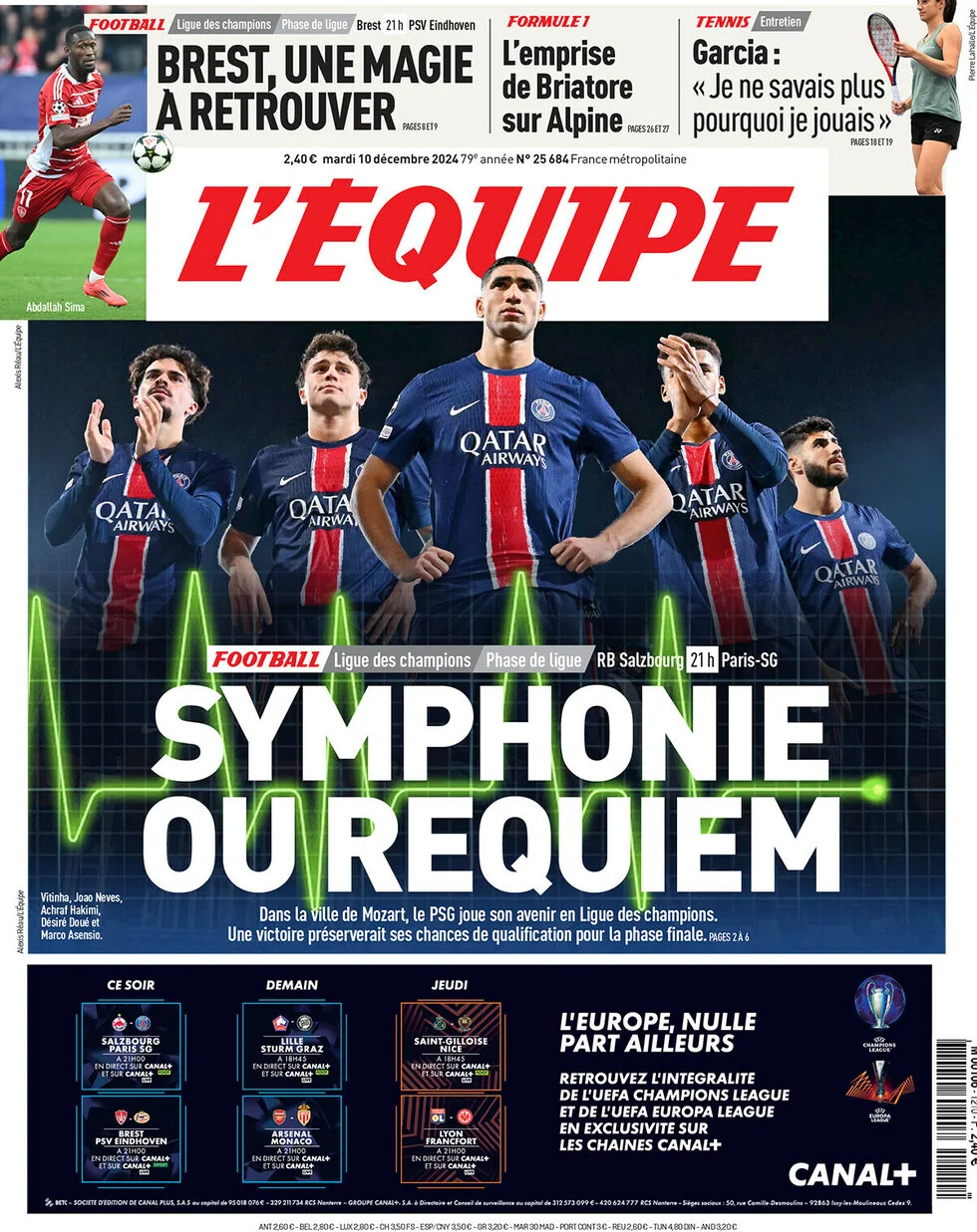 anteprima della prima pagina di lequipe del 10/12/2024