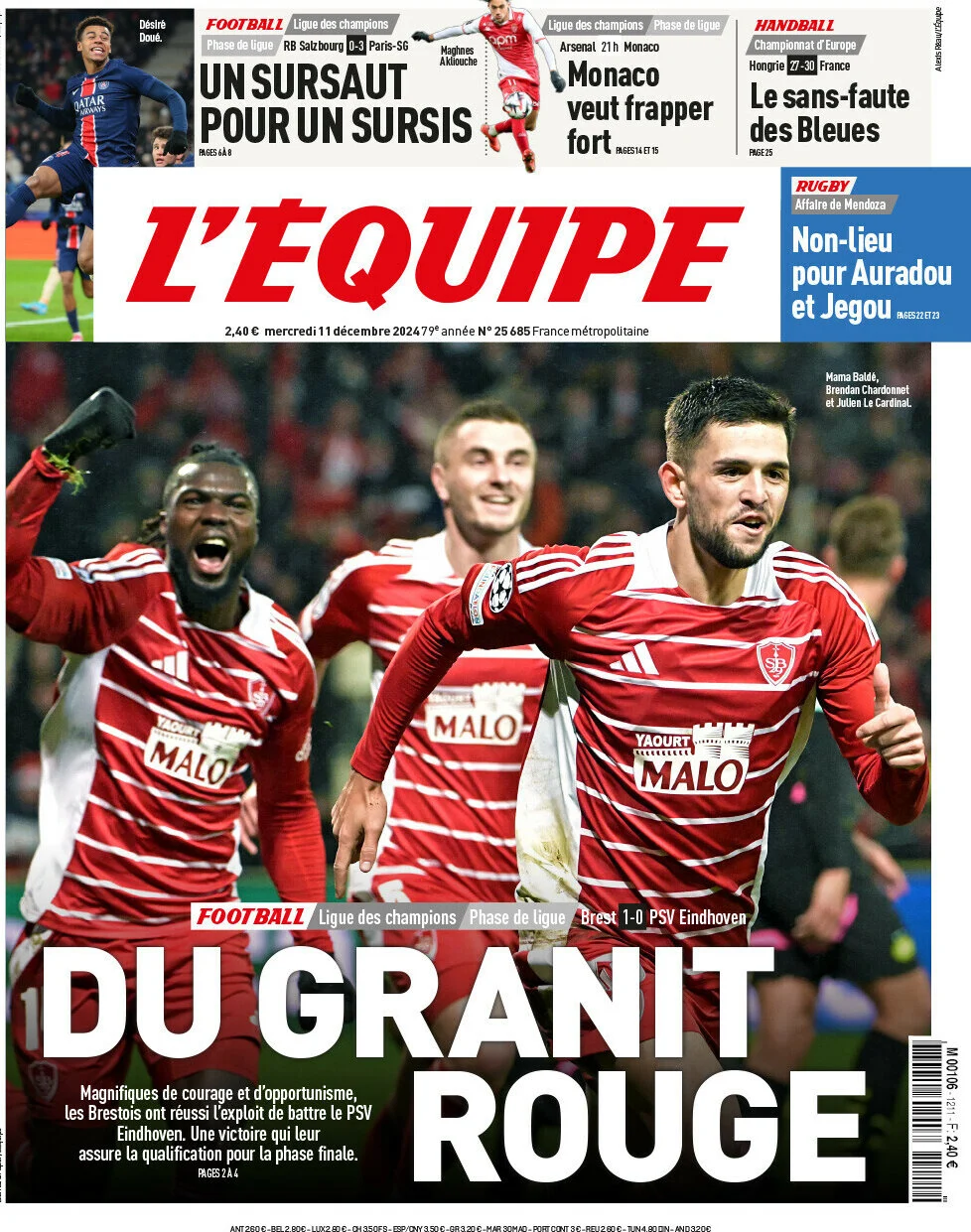 anteprima della prima pagina di lequipe del 11/12/2024
