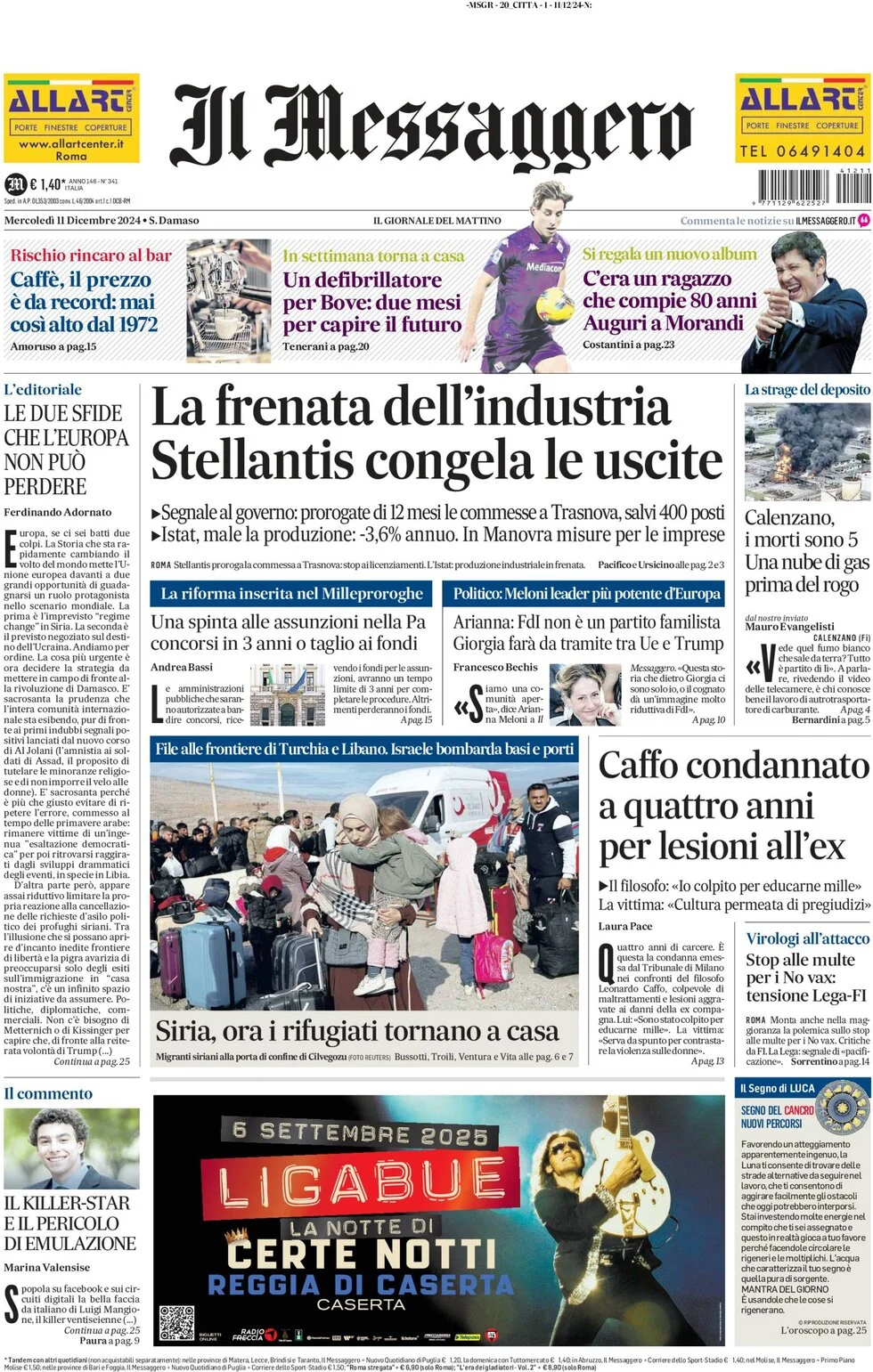 anteprima della prima pagina di il-messaggero del 11/12/2024