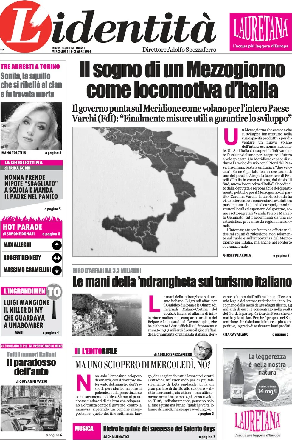 anteprima della prima pagina di lidentit del 11/12/2024