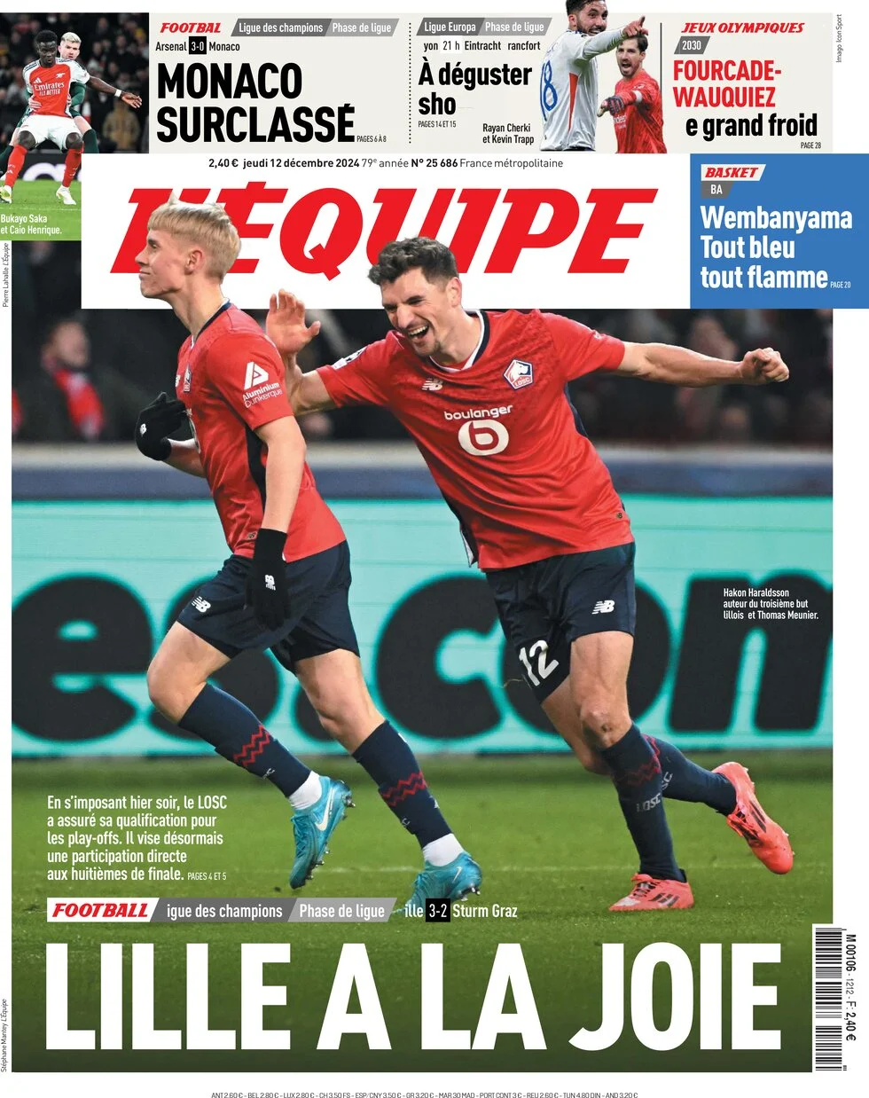 anteprima della prima pagina di lequipe del 12/12/2024