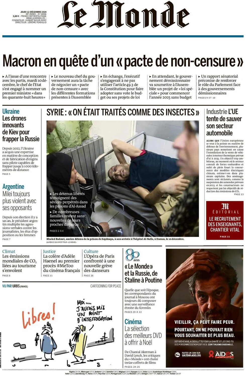 anteprima della prima pagina di le-monde del 12/12/2024