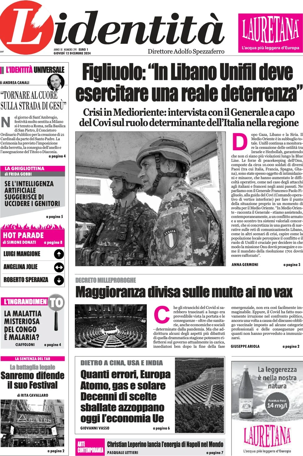 anteprima della prima pagina di lidentit del 12/12/2024