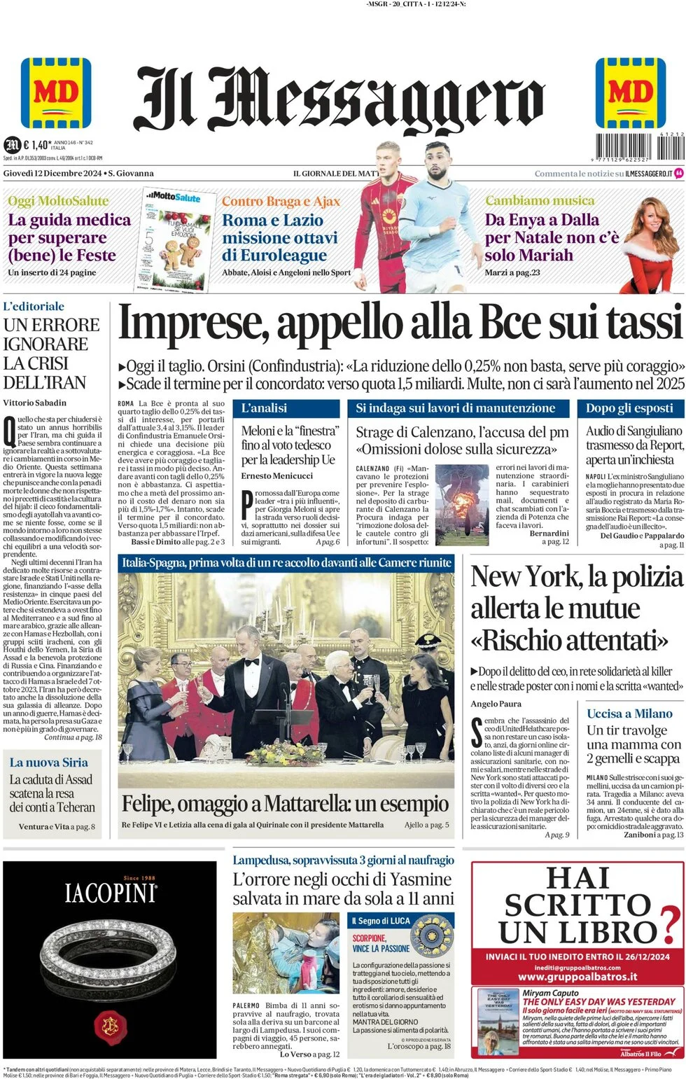 anteprima della prima pagina di il-messaggero del 12/12/2024