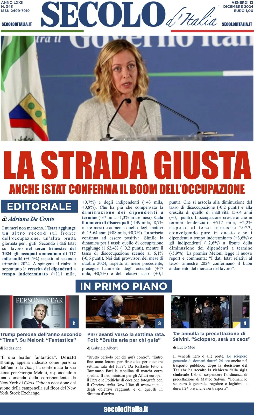 anteprima della prima pagina di secolo-ditalia del 13/12/2024