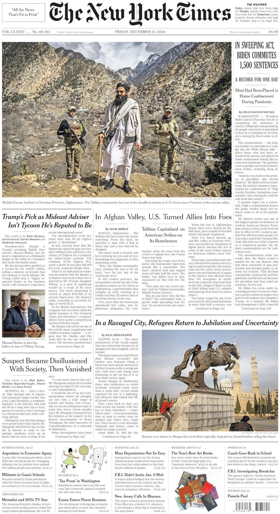 anteprima della prima pagina di the-new-york-times del 13/12/2024
