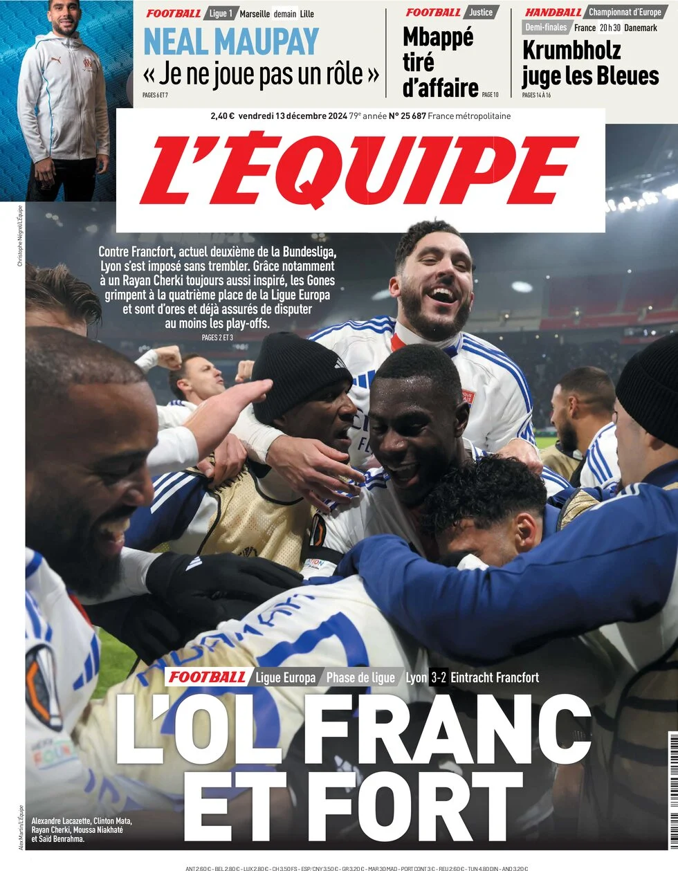 anteprima della prima pagina di lequipe del 13/12/2024