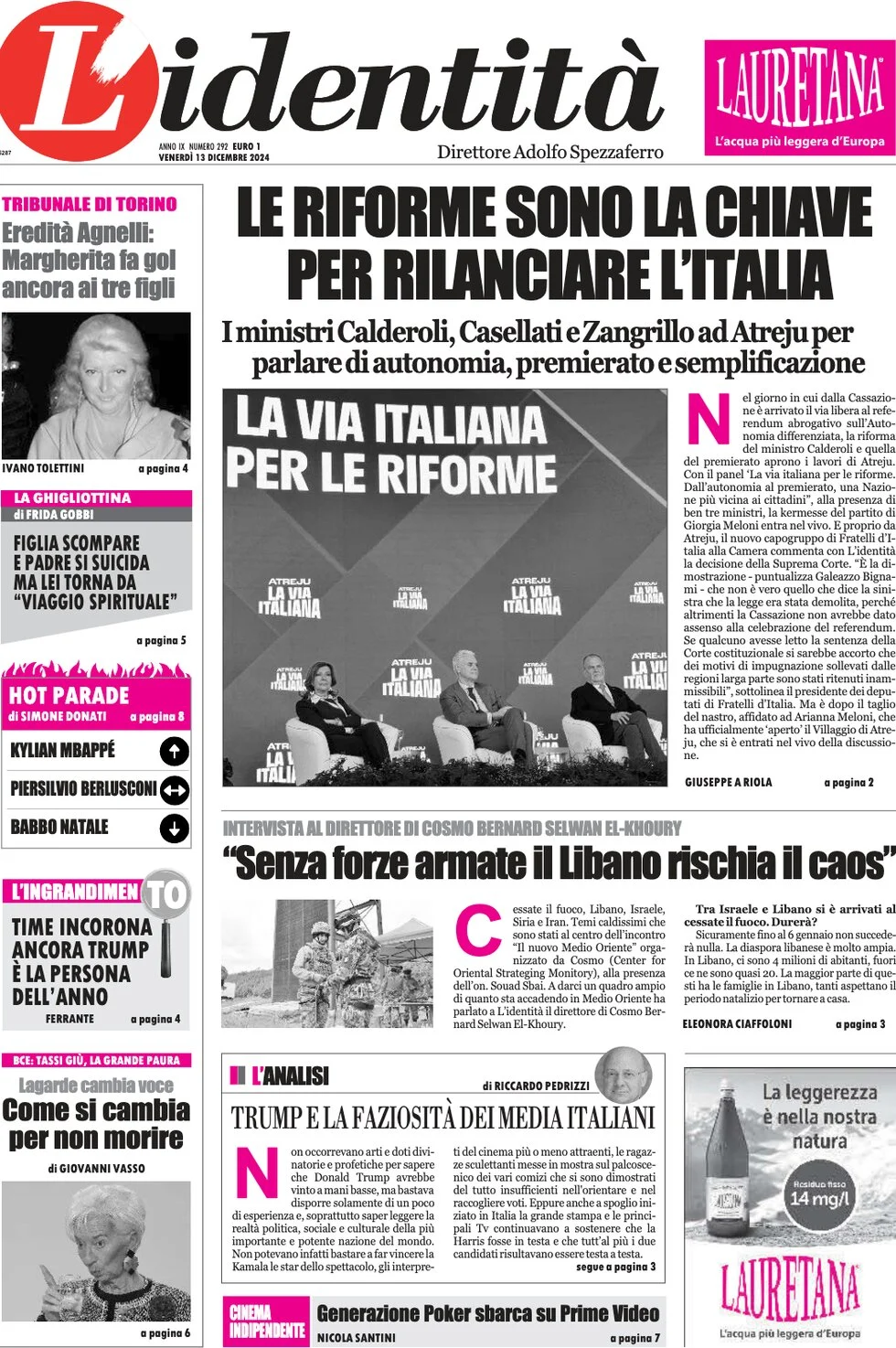 anteprima della prima pagina di lidentit del 13/12/2024