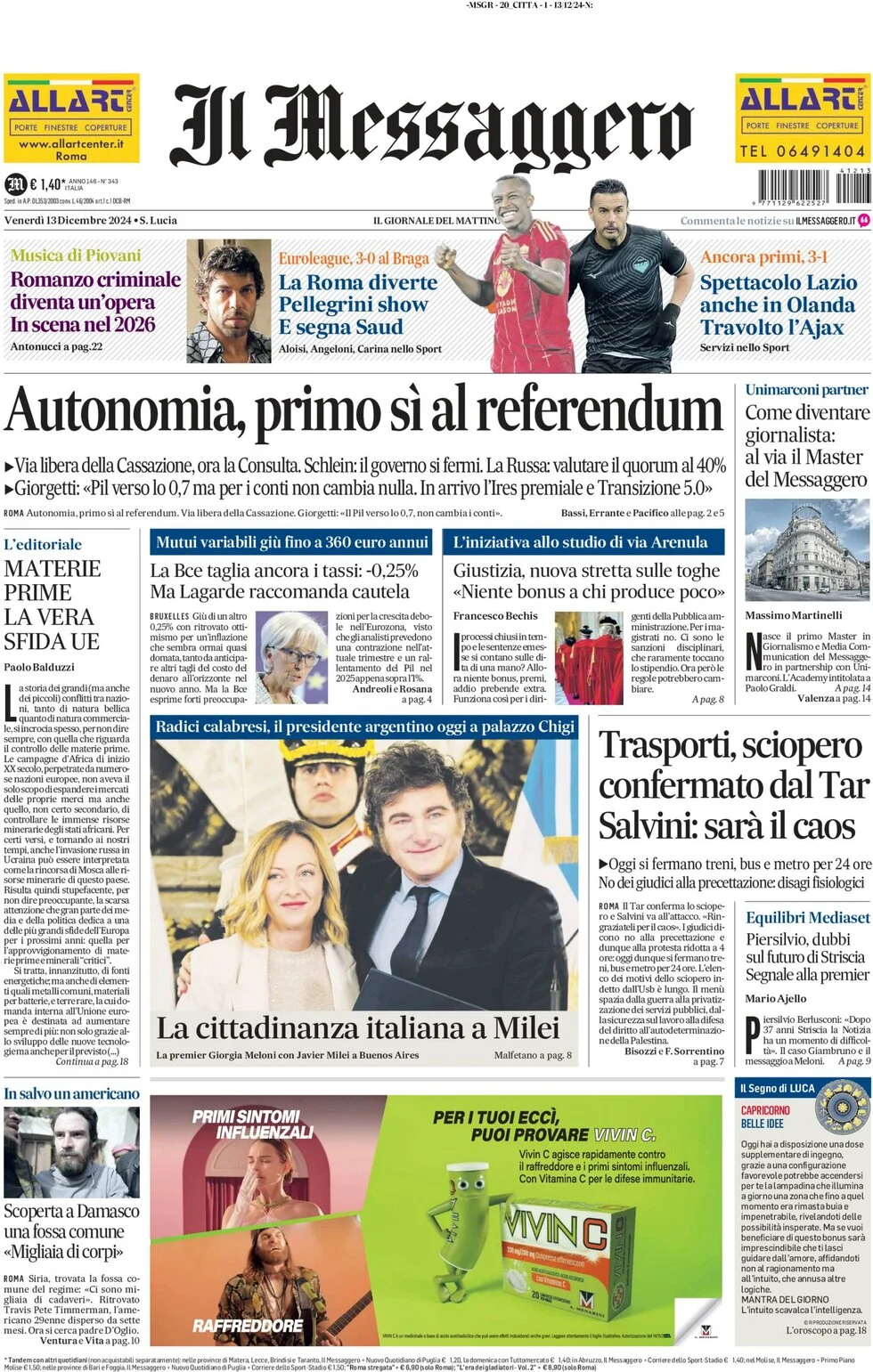 anteprima della prima pagina di il-messaggero del 13/12/2024