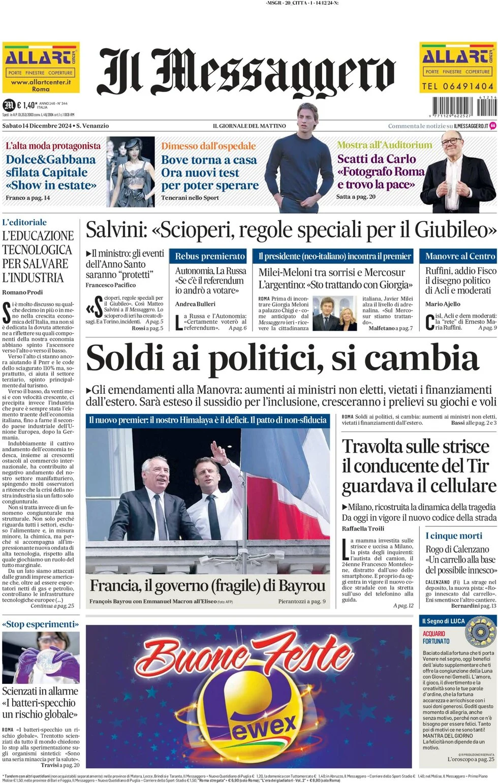 anteprima della prima pagina di il-messaggero del 14/12/2024