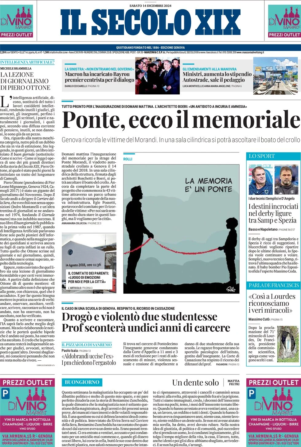 anteprima della prima pagina di il-secolo-xix del 14/12/2024