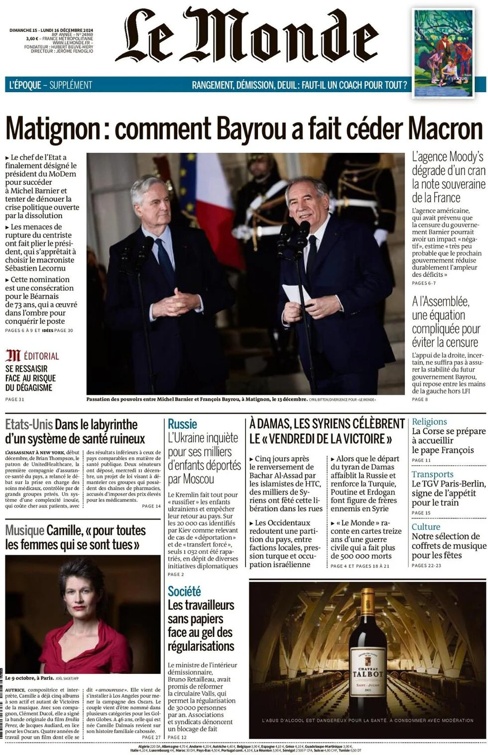 anteprima della prima pagina di le-monde del 14/12/2024