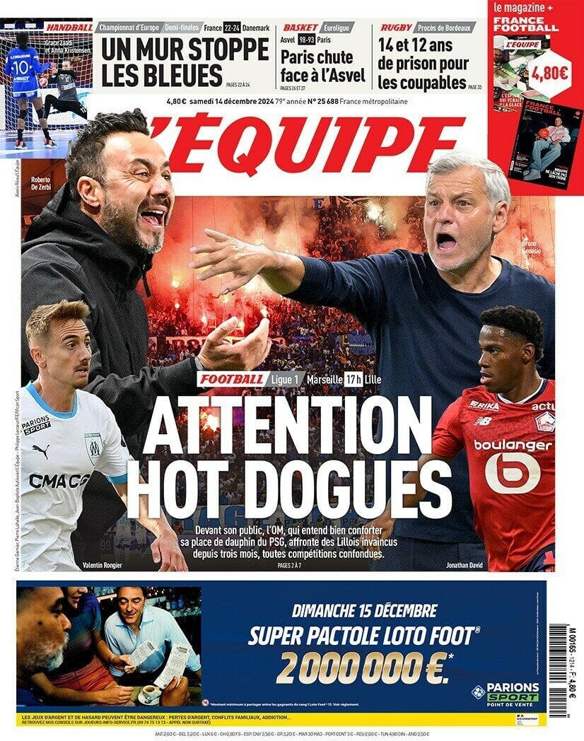 anteprima della prima pagina di lequipe del 14/12/2024