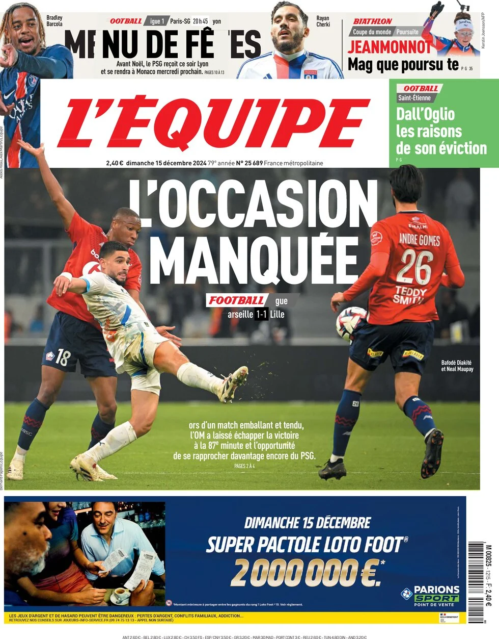 anteprima della prima pagina di lequipe del 15/12/2024