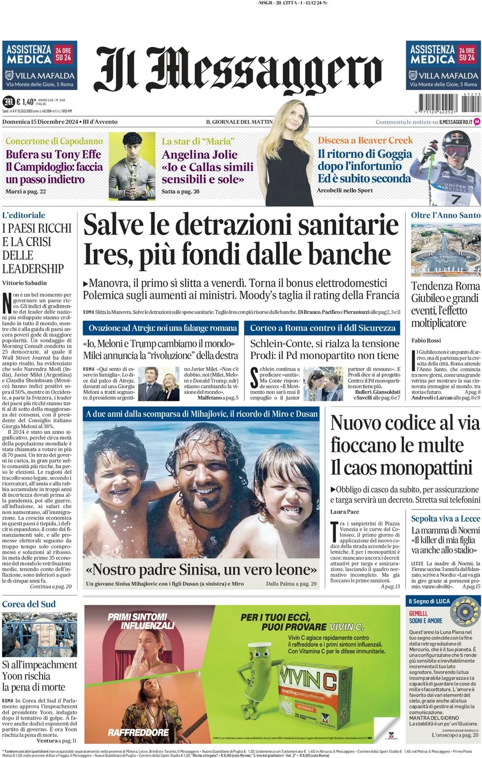 anteprima della prima pagina di il-messaggero del 15/12/2024
