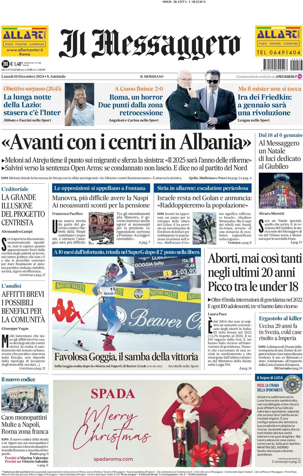 anteprima della prima pagina di il-messaggero del 16/12/2024