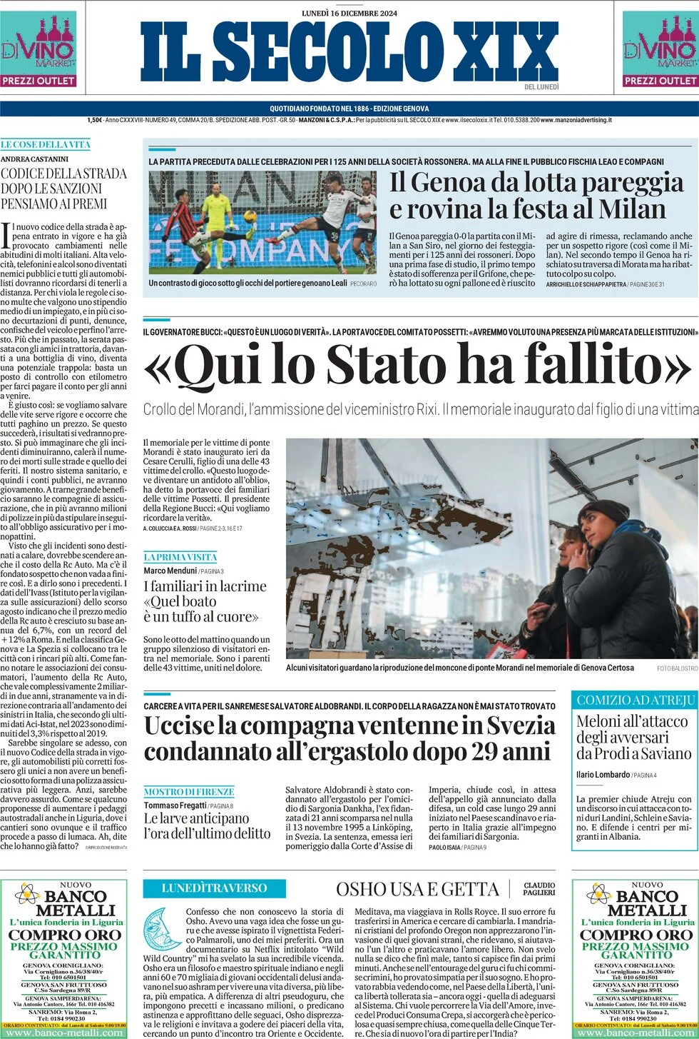 anteprima della prima pagina di il-secolo-xix del 16/12/2024