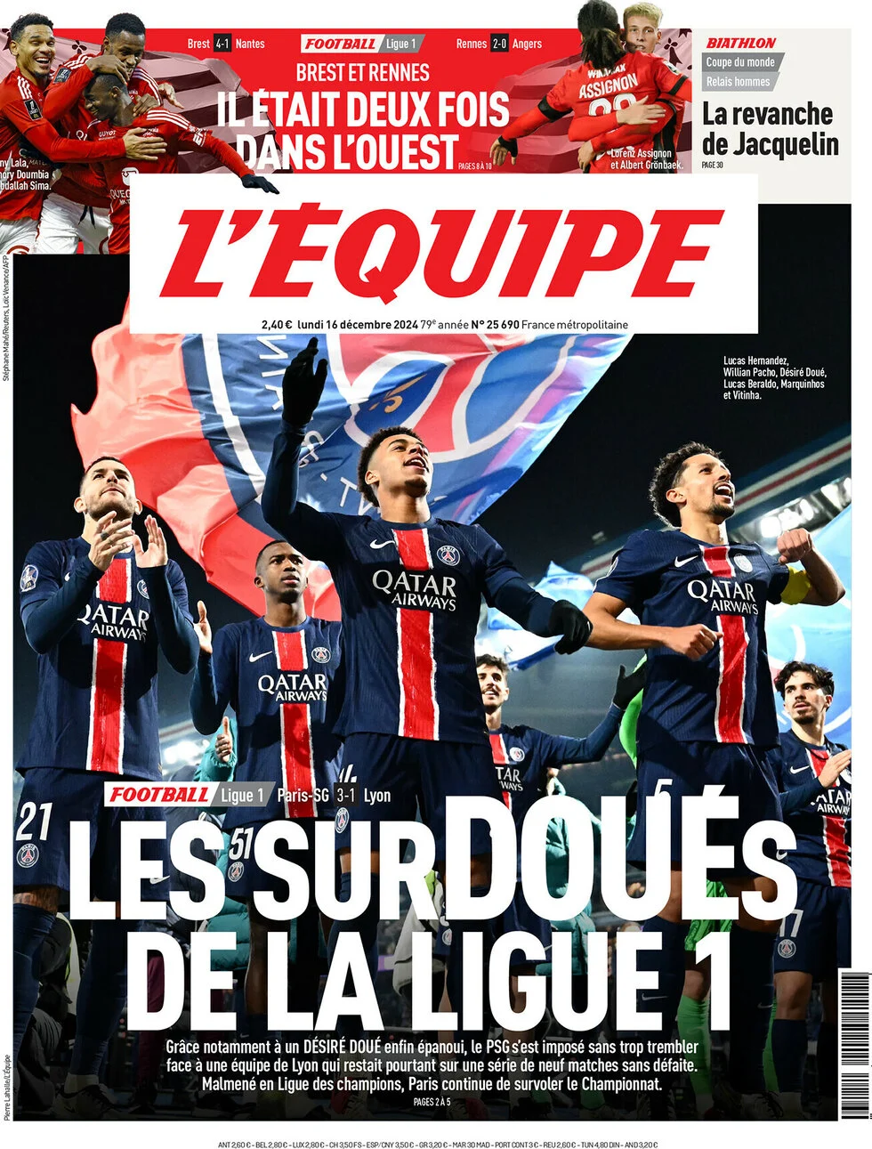 anteprima della prima pagina di lequipe del 16/12/2024