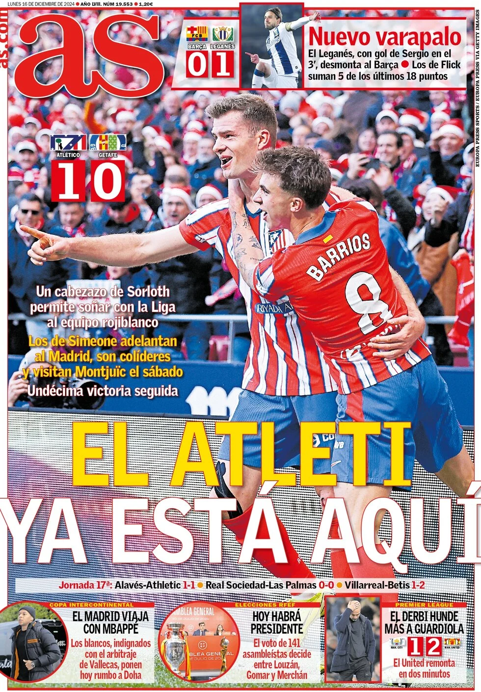 anteprima della prima pagina di as-madrid del 16/12/2024