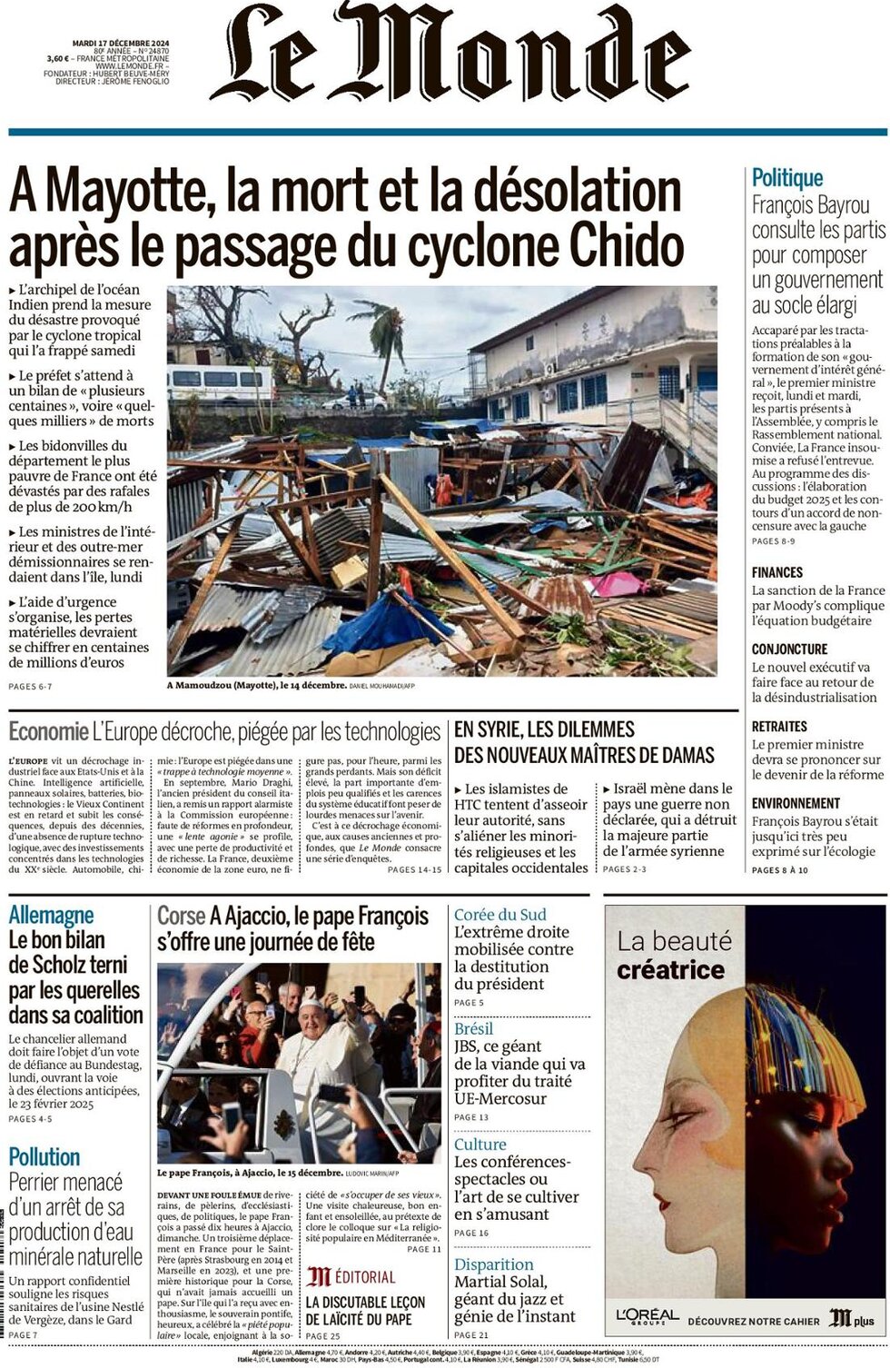 anteprima della prima pagina di le-monde del 16/12/2024