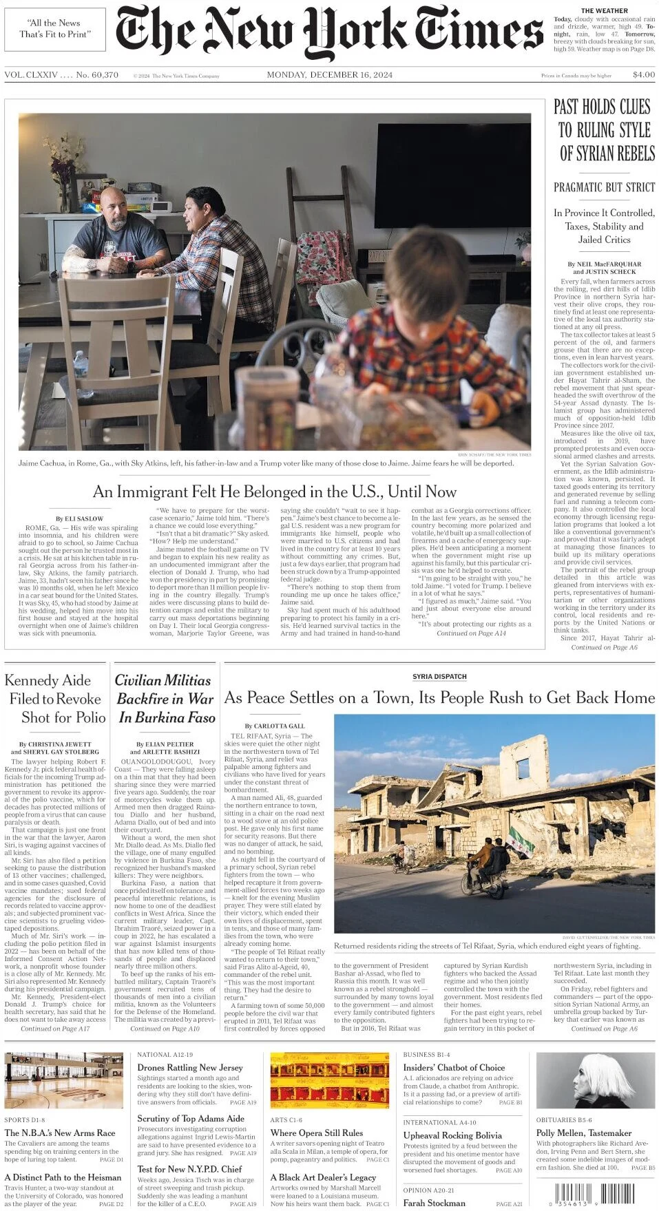 anteprima della prima pagina di the-new-york-times del 16/12/2024