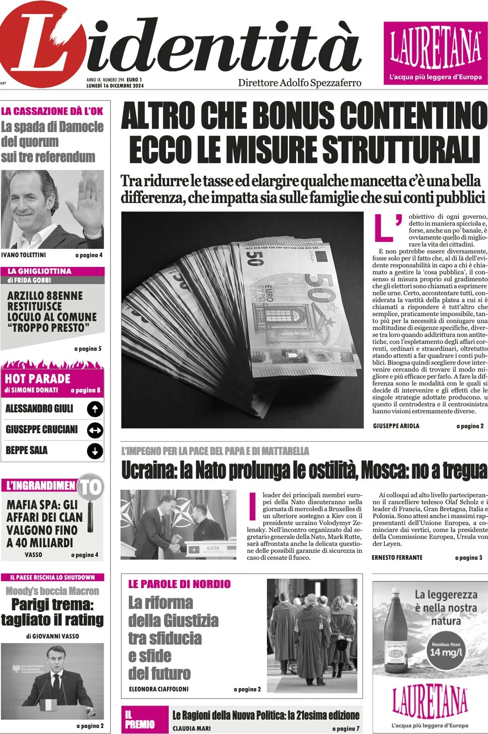 anteprima della prima pagina di lidentit del 16/12/2024