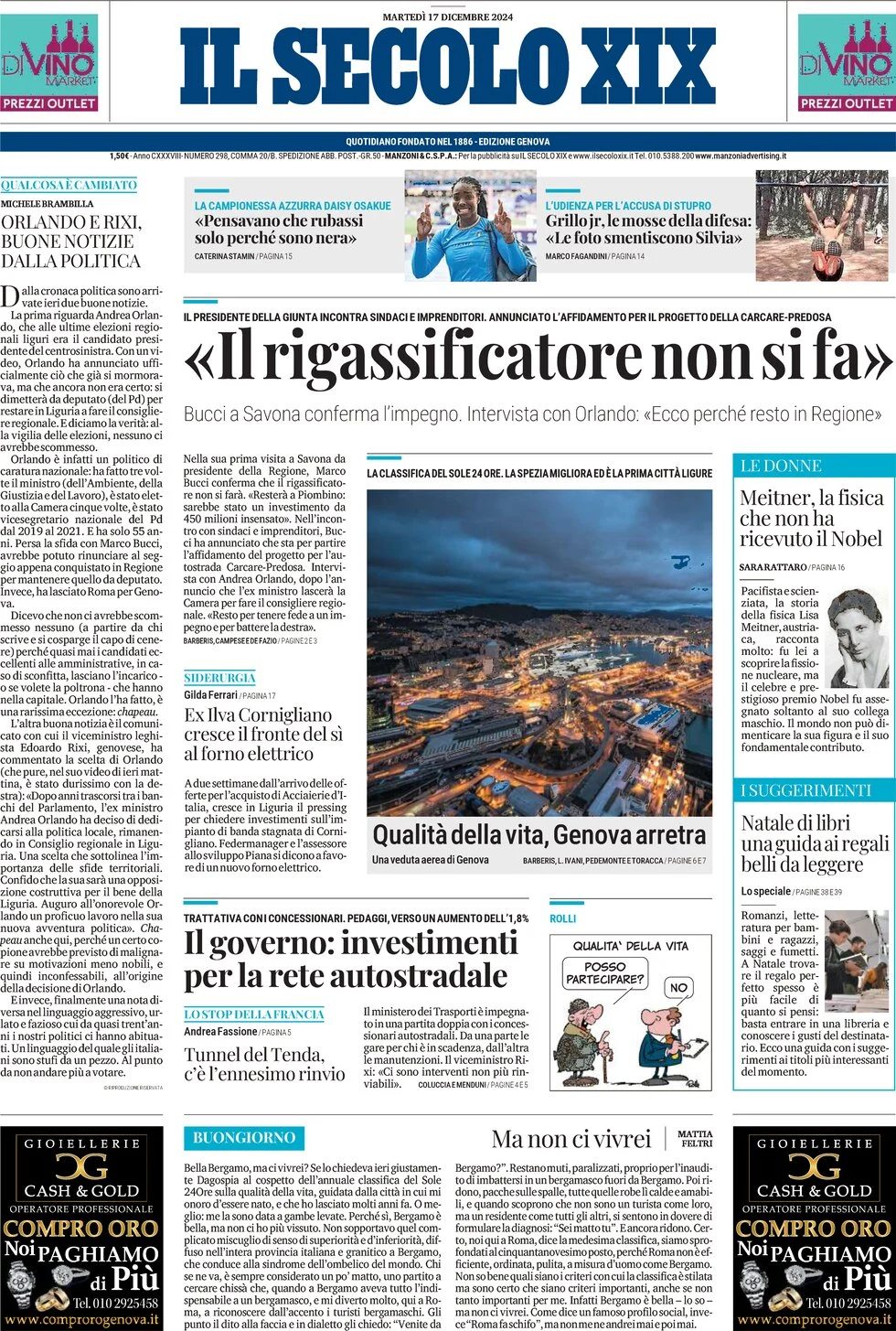 anteprima della prima pagina di il-secolo-xix del 17/12/2024