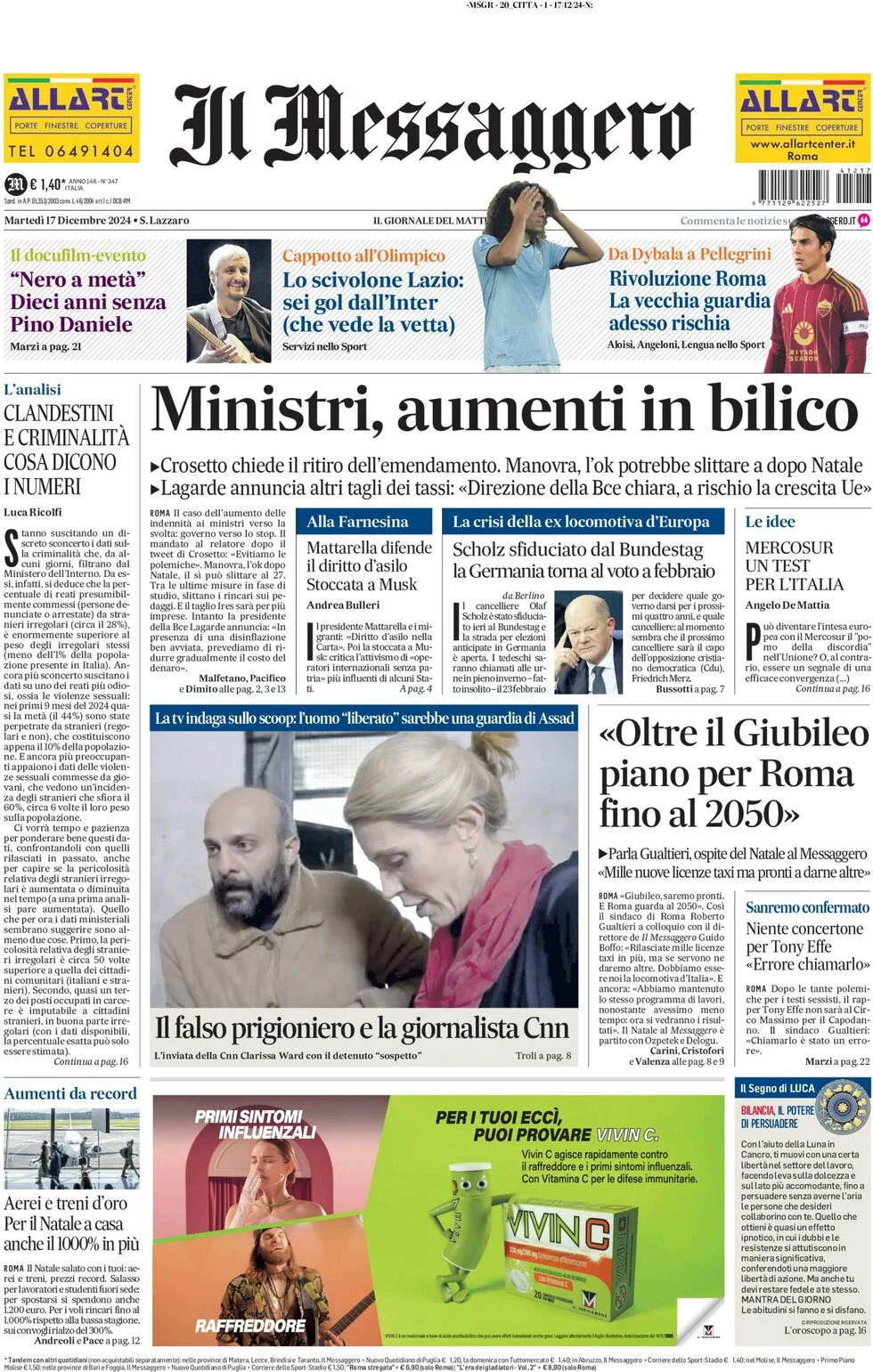 anteprima della prima pagina di il-messaggero del 17/12/2024