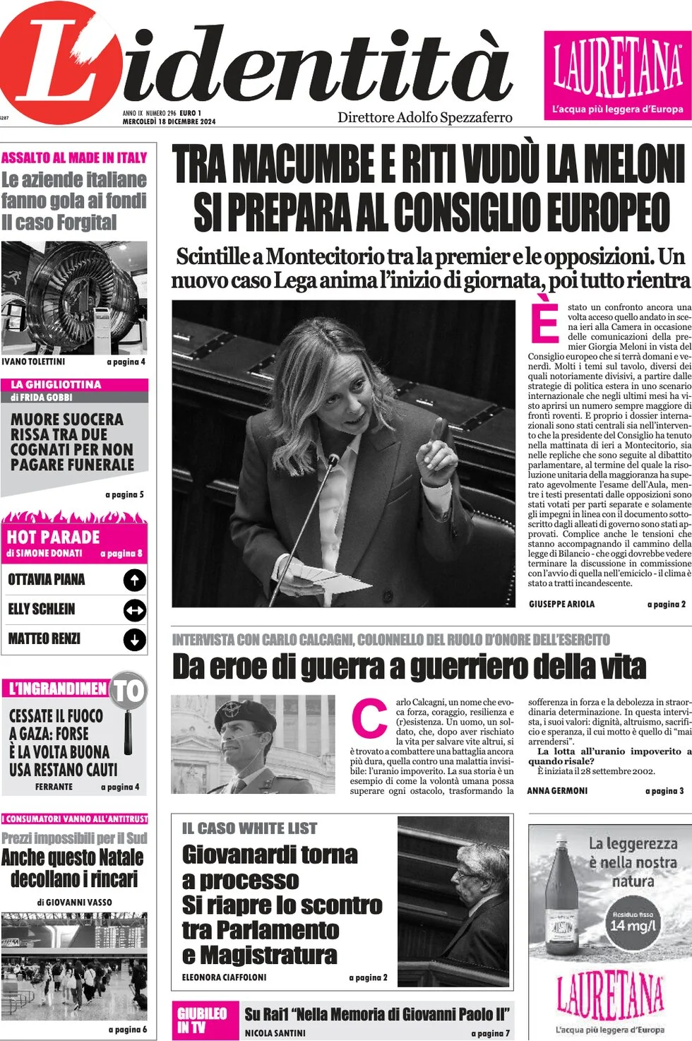 anteprima della prima pagina di lidentit del 18/12/2024