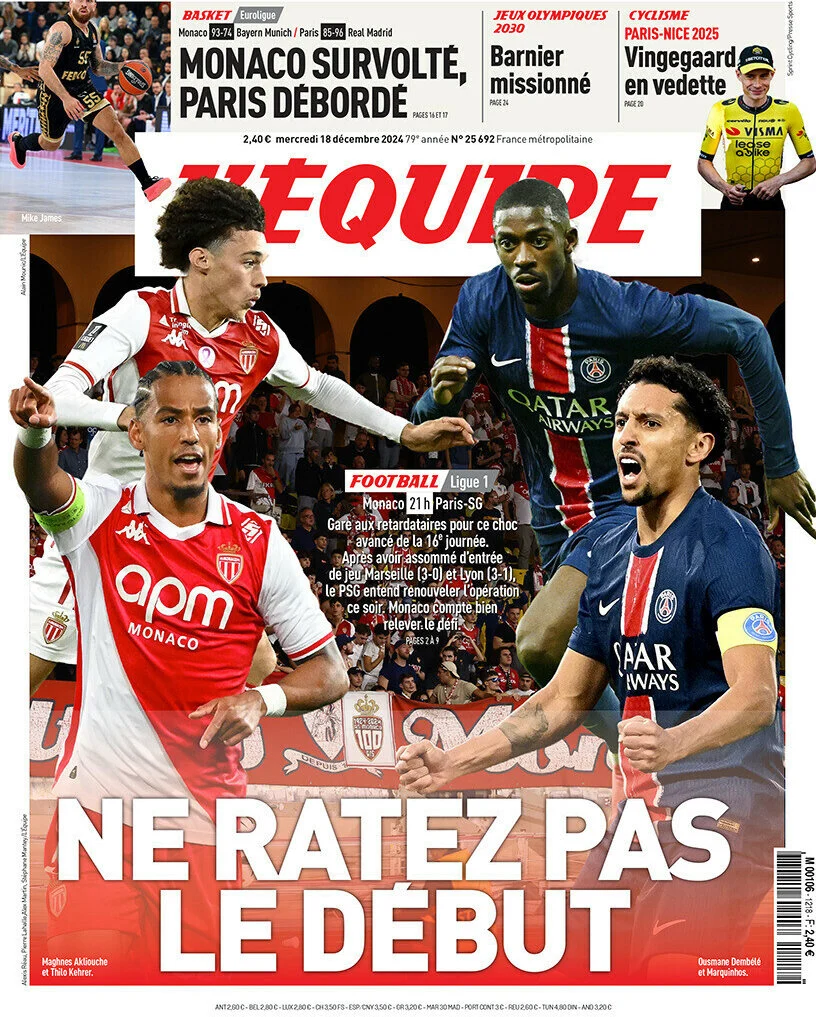 anteprima della prima pagina di lequipe del 18/12/2024
