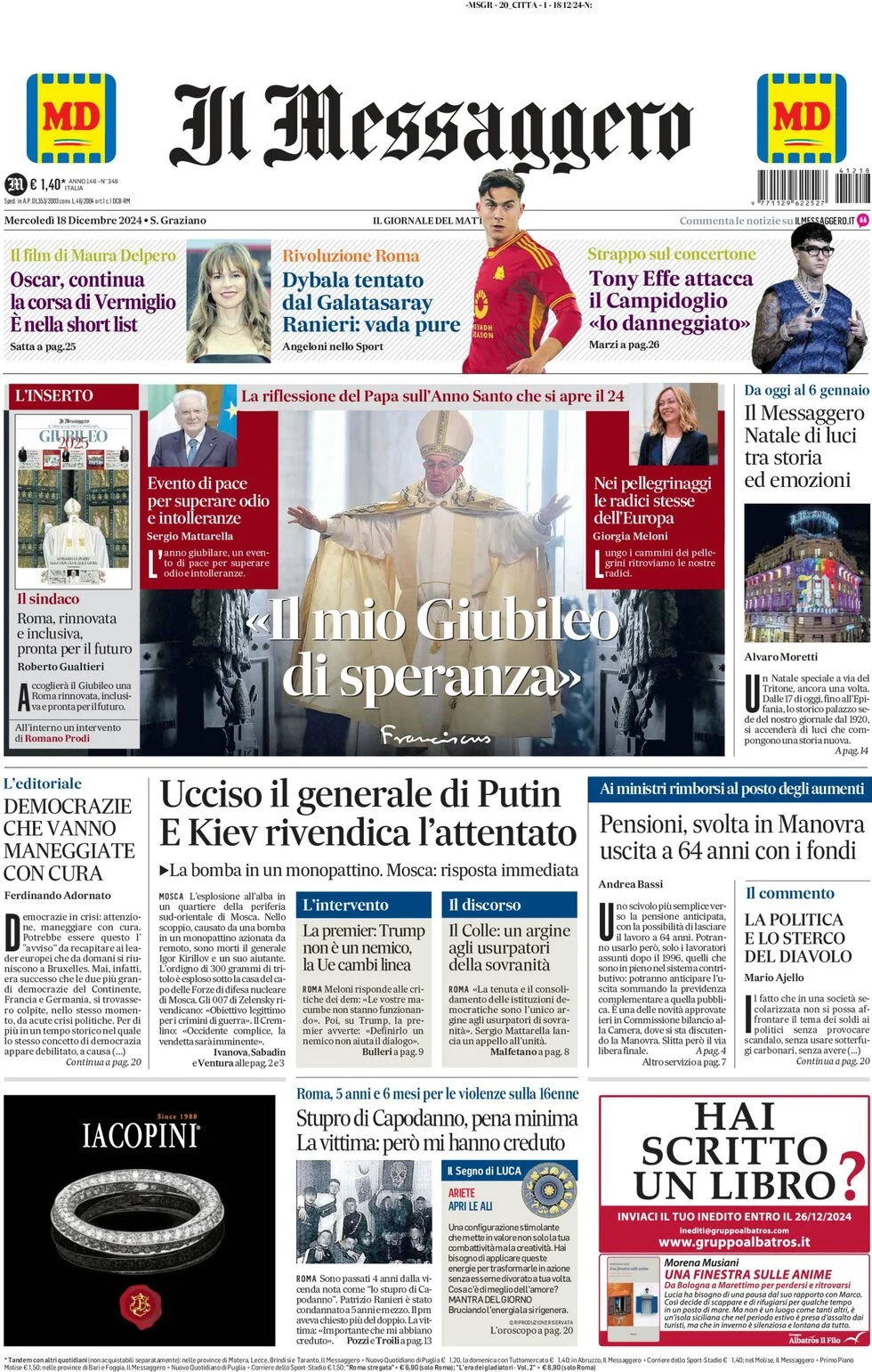 anteprima della prima pagina di il-messaggero del 18/12/2024