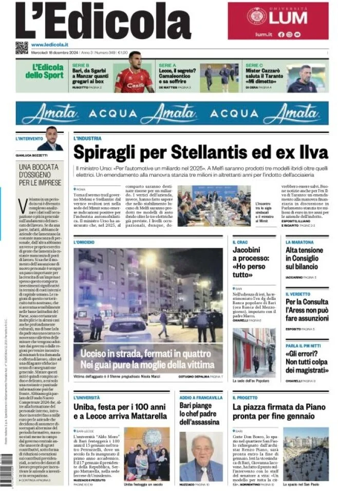 anteprima della prima pagina di ledicola-del-sud-bari,-foggia,-basilicata del 18/12/2024