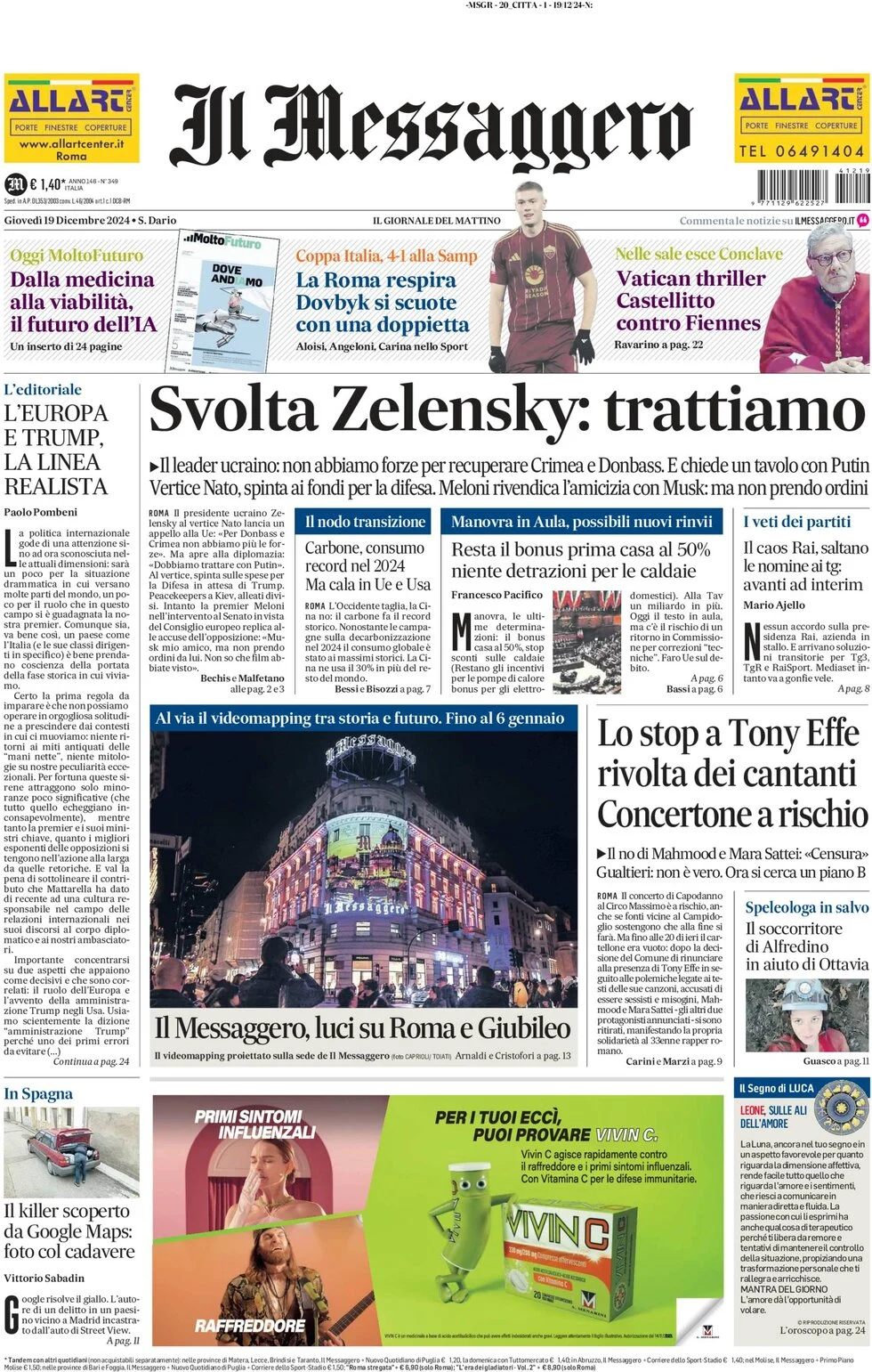 anteprima della prima pagina di il-messaggero del 19/12/2024