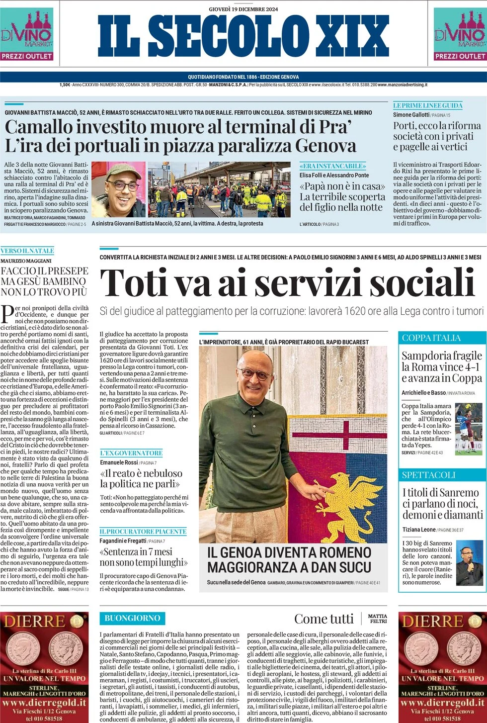 anteprima della prima pagina di il-secolo-xix del 19/12/2024