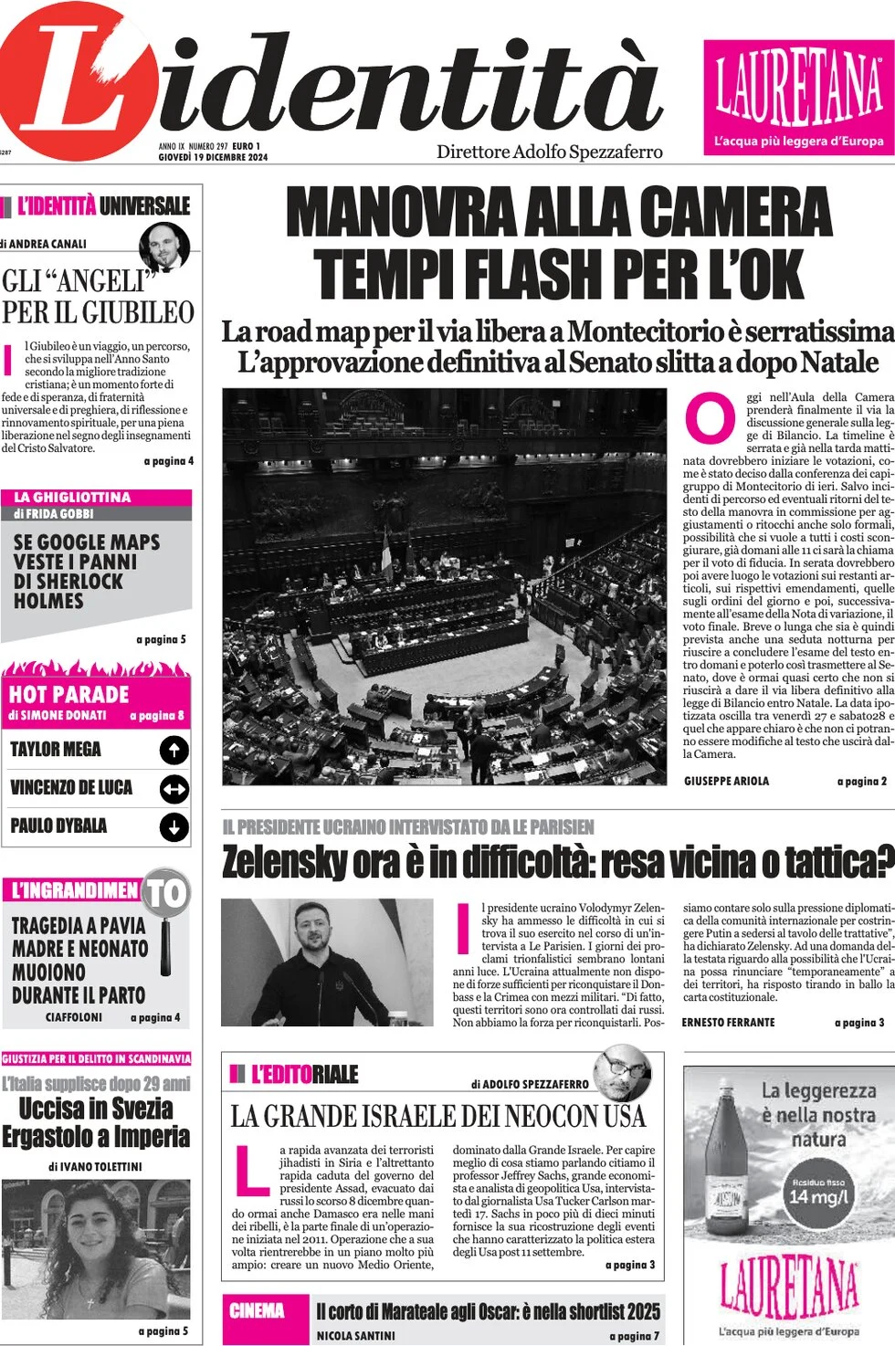 anteprima della prima pagina di lidentit del 19/12/2024
