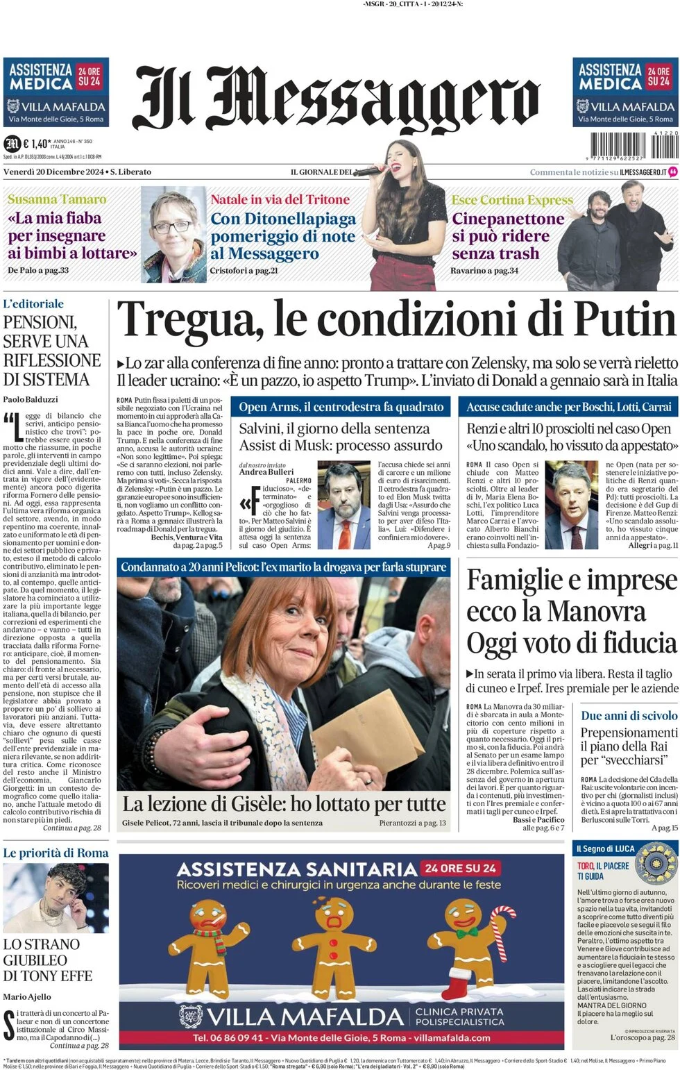 anteprima della prima pagina di il-messaggero del 20/12/2024