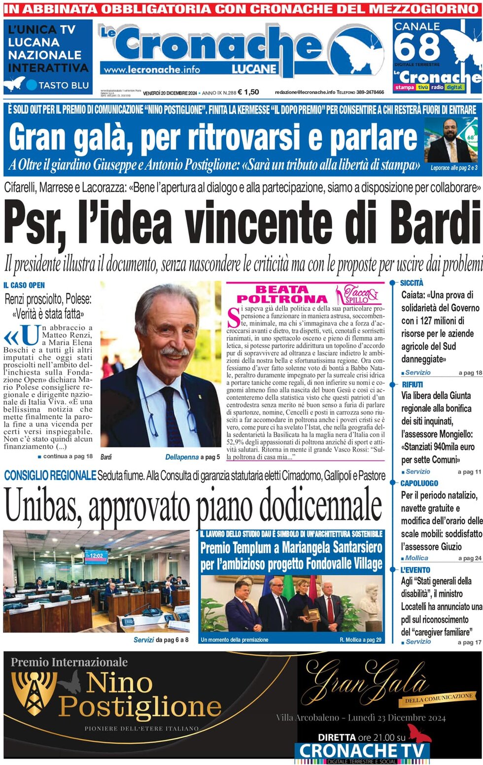 anteprima della prima pagina di le-cronache-lucane del 20/12/2024