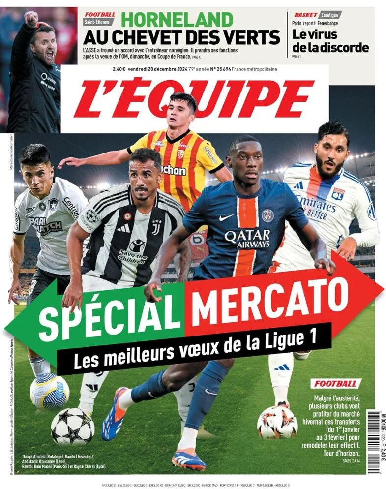 anteprima della prima pagina di lequipe del 20/12/2024