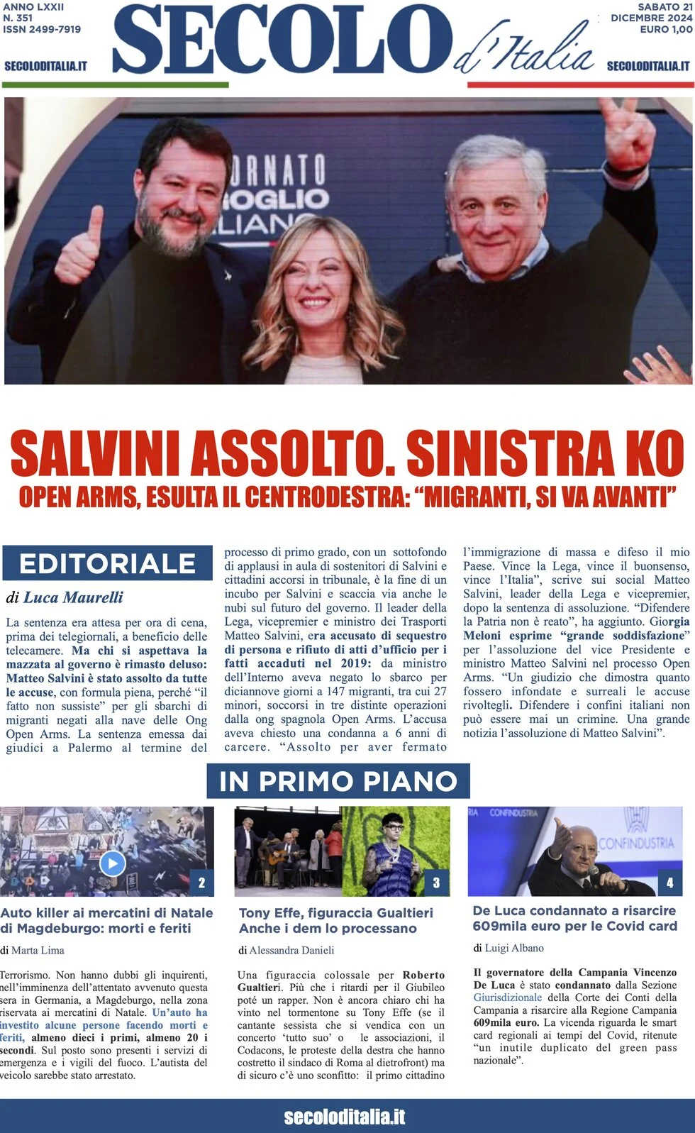anteprima della prima pagina di secolo-ditalia del 21/12/2024