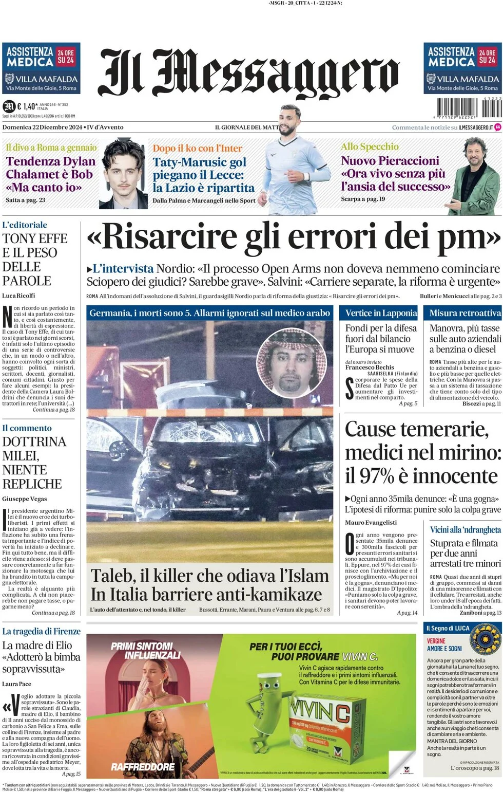 anteprima della prima pagina di il-messaggero del 21/12/2024