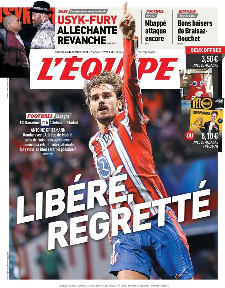 anteprima della prima pagina di lequipe del 21/12/2024