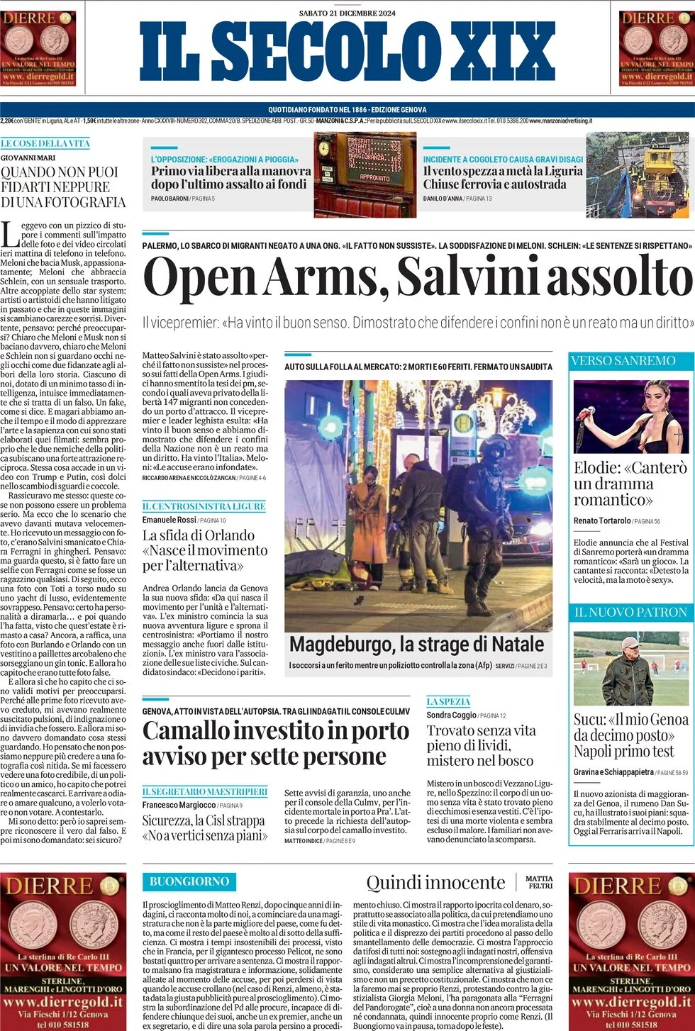 anteprima della prima pagina di il-secolo-xix del 21/12/2024