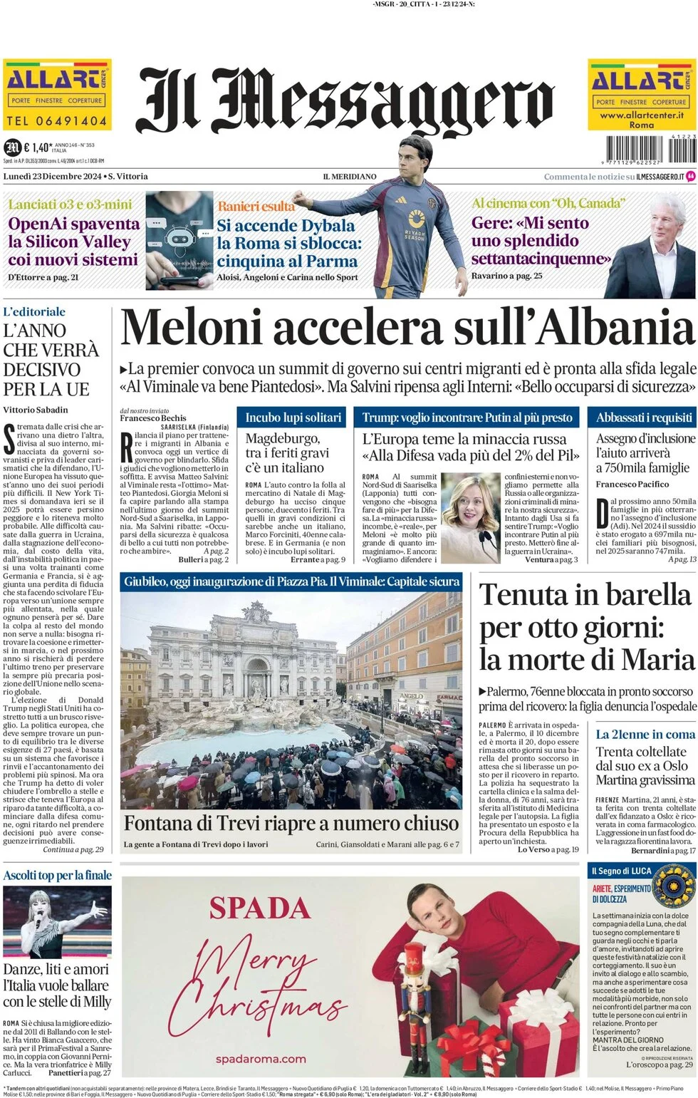 anteprima della prima pagina di il-messaggero del 22/12/2024