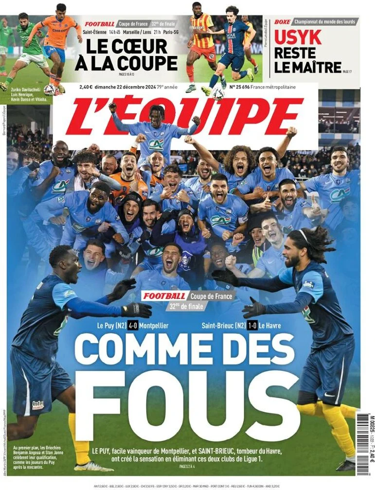 anteprima della prima pagina di lequipe del 22/12/2024